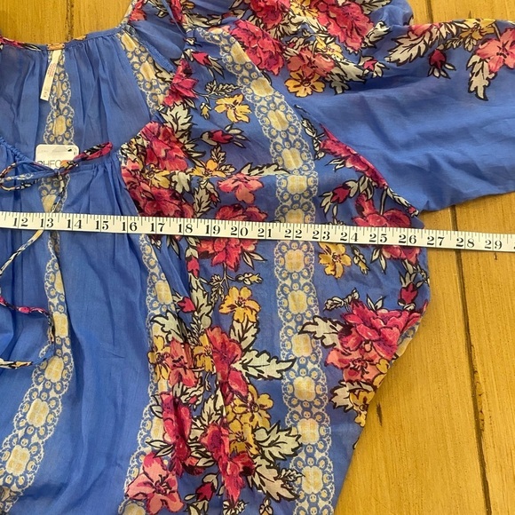 Free People Women’s Elena Floral Flowy Cotton Blue Pink Yellow Blouse NEW  M - Picture 4 of 13